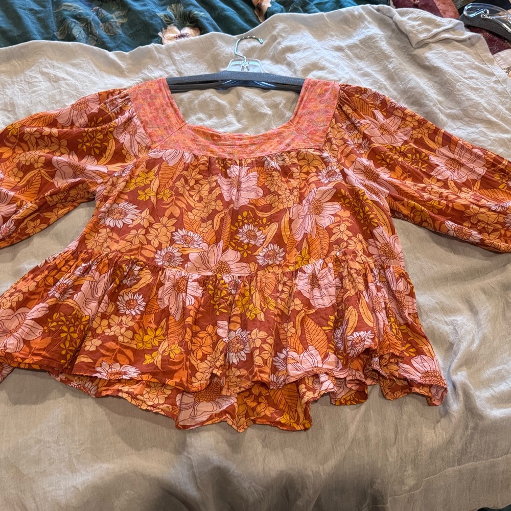 American Eagle Outfitters Floral Tiered Peasant Top - Orange & Pink